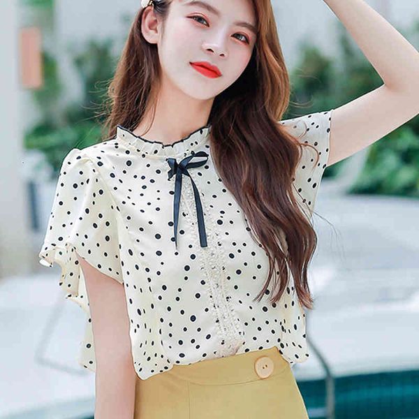 

women's blouses & shirts shintimes vetement femme chiffon summer women clothes polka dot short sleeve lace patchwork ruffles ladie, White