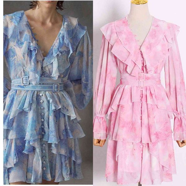 

runway dresses european and american spring summer ruffled v-neck single-breasted long-sleeved chiffon holiday dress ezcy, Black