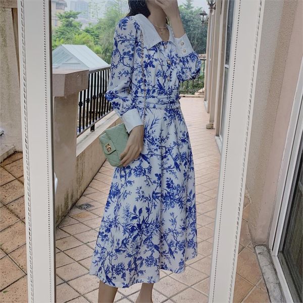 

korean spring sweet floral print peter pan collar long sleeve boho beach dress elegant casual bandage party 210510, Black;gray