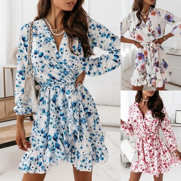 

casual dresses floral printed ladies dress a-line office deep v neck women mini long sleeve sundress bow tie business work wear d30, Black;gray
