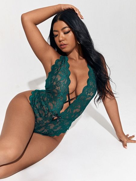 

plus floral lace scallop trim teddy bodysuit t4hg#, Black;white