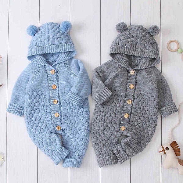 

baby boys girls hooded rompers clothes children infant boy girl kids knitting long sleeve 210429, Blue