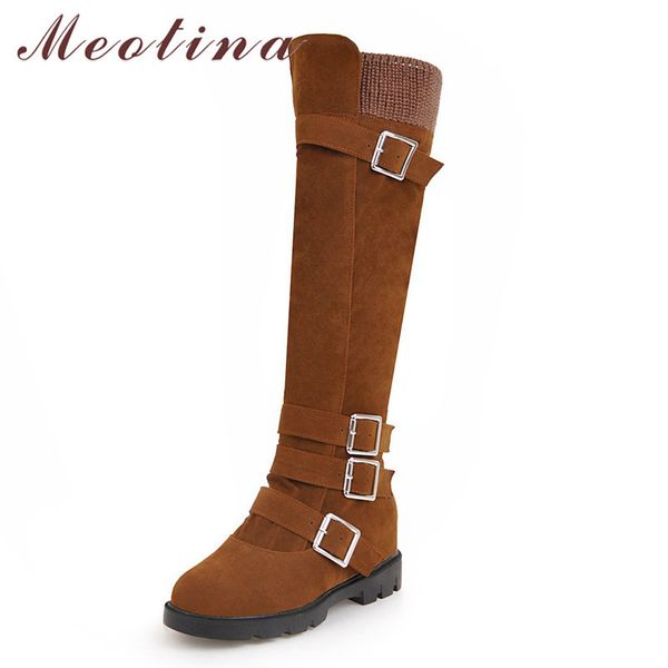 

meotina platform mid heel knee-high boots women shoes buckle zipper height increasing long boots lady winter black brown size 44 210520