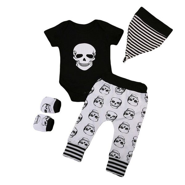 

4pcs cool baby boy skull bodysuit +long pants +hat +gloves set, White