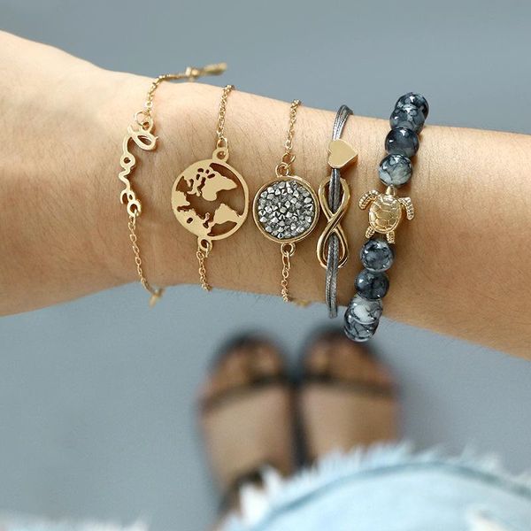 

bracelet set bohemia beaded chain bangles bracelets for women trendy geometric rhinestone boho jewelry letter stone, Golden;silver