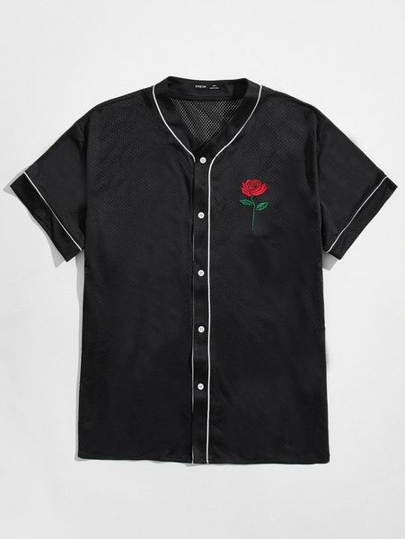 

men embroidered flower contrast piping shirt s6y1#, White;black