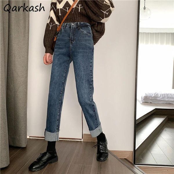 

women's jeans women straight ankle length spring all-match stylish college casual high waist classic vintage ladies trousers ins, Blue