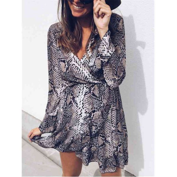 

brown snake printed dress women holiday long sleeve v-neck dresses autumn spring short mini vestidos 210607, Black;gray