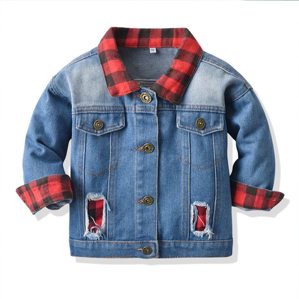 

autumn and winter children new denim jacket girls long-sleeved cardigan red and black plaid stitching denim shirt coat for boys, Blue;gray