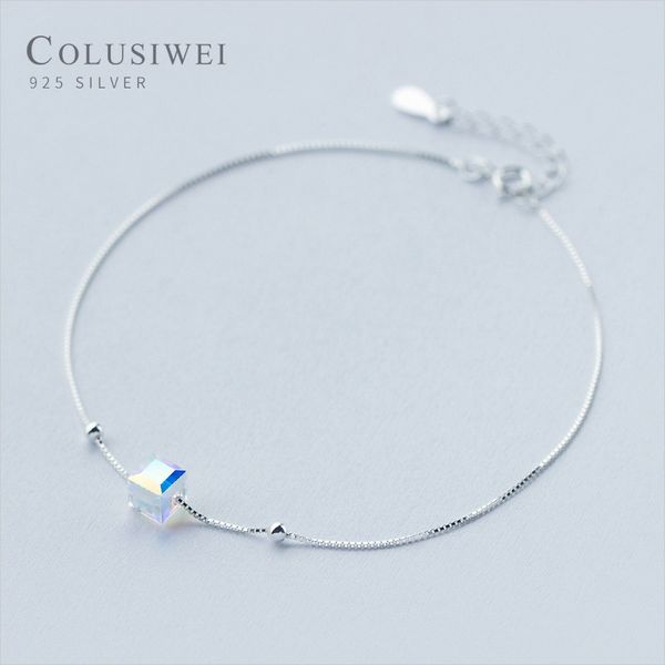 

colusiwei genuine 925 sterling crystal cube silver anklet for women charm bracelet of leg ankle foot accessories fashion, Red;blue