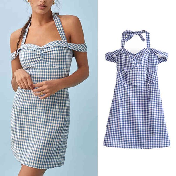 

casual dresses 2021 women summer fashion plaid print mini dresses bow decoration camisole slim receive waist backless b20u, Black;gray