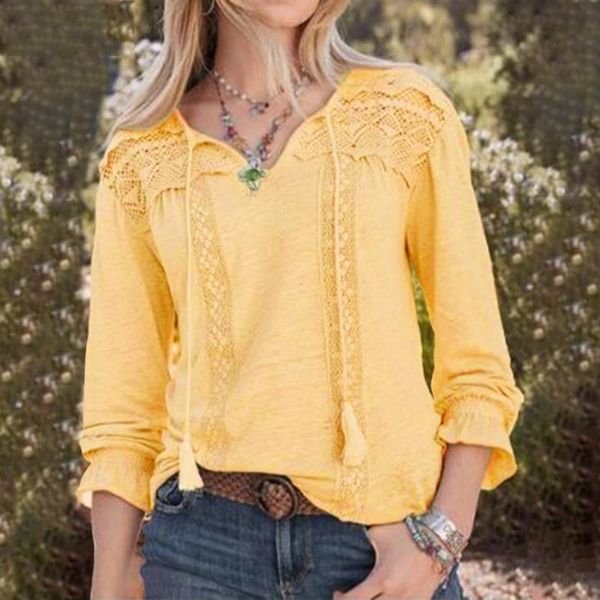 

women's blouses & shirts hollow out women casual solid v-neck long sleeve shirt lace loose blouse chemisier femme camisa femenina, White
