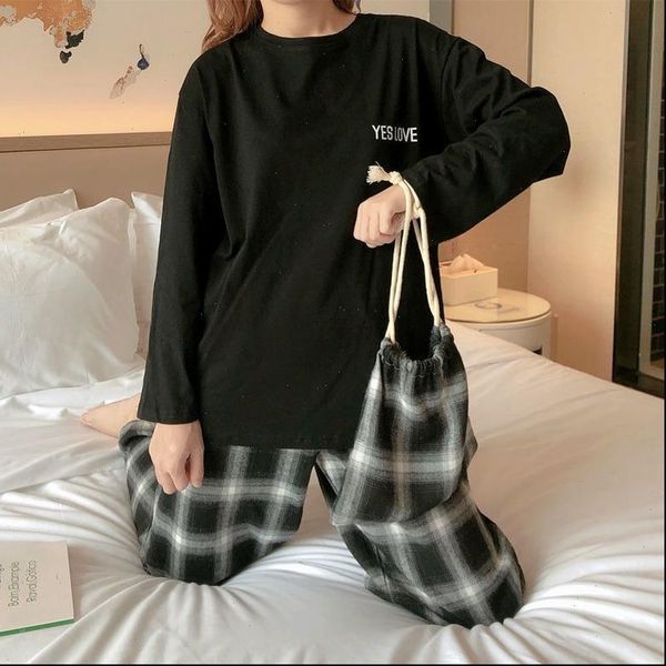 

home clothes set plaid women sleepwear pants letter solid pajamas pijamas mujer spring and autum pyjamas, Black;red
