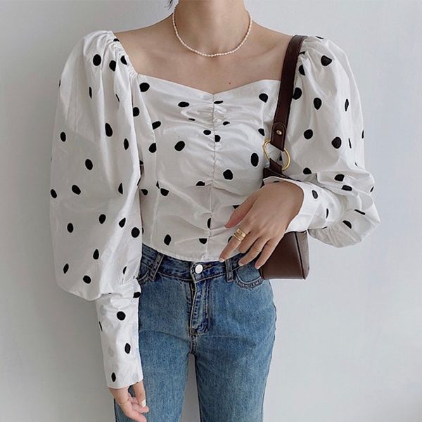

women's t-shirt spring gentle temperament square collar exposed clavicle folds short big polka dot puff sleeve shirt women hi9, White