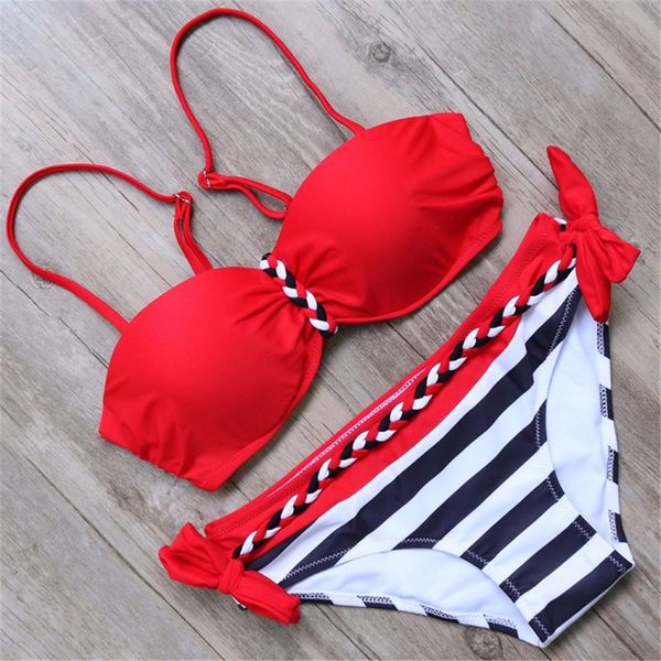 

2021 bandage bikini set striped patchwork swimsuit women brazilian swimwear female halter bathing suit swimming wear