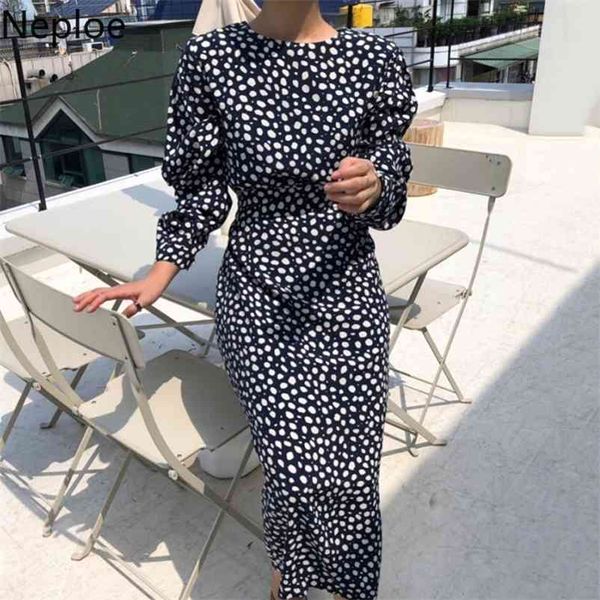 

korean chic high waist hip print dot bodycon dress o neck puff long sleeve split design vestido solid wild ropa 49055 210422, Black;gray