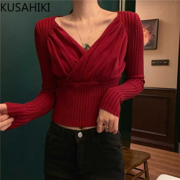 

pleated v-neck long sleeve knitwear korean solid slim waist short sweater spring elegant knitted 6f147 210603, White;black
