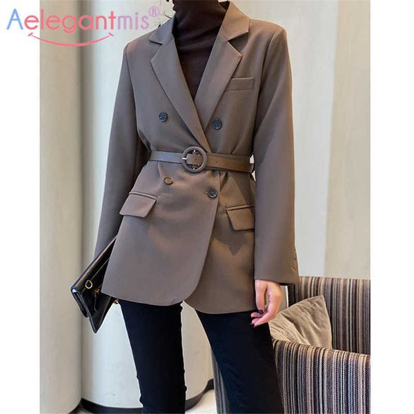 Aelegantmis Escritório senhora Casual Blazer Mulheres Primavera Elegante Coreano Sashes Terno Feminino Ol Moda Outwear 210607