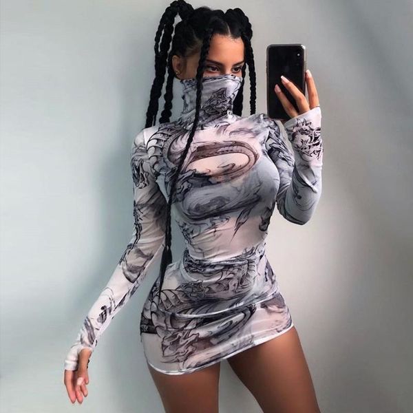 

casual dresses 2021 women dragon print turtleneck mini dress transparent mesh long sleeve bodycon slim fitness, Black;gray