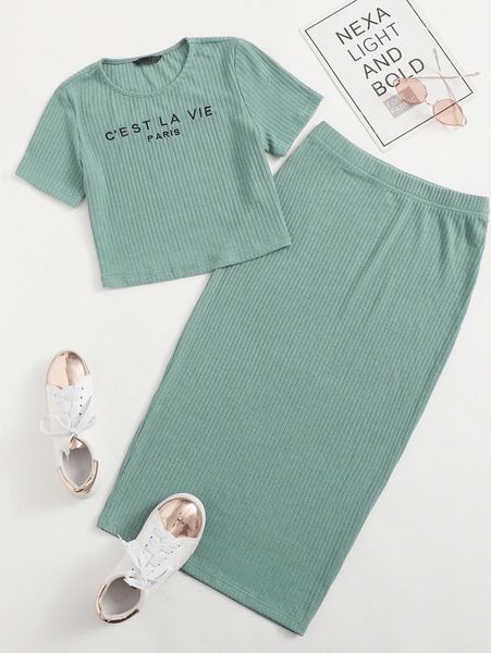 

slogan embroidery rib-knit & skirt set e9ob#, White