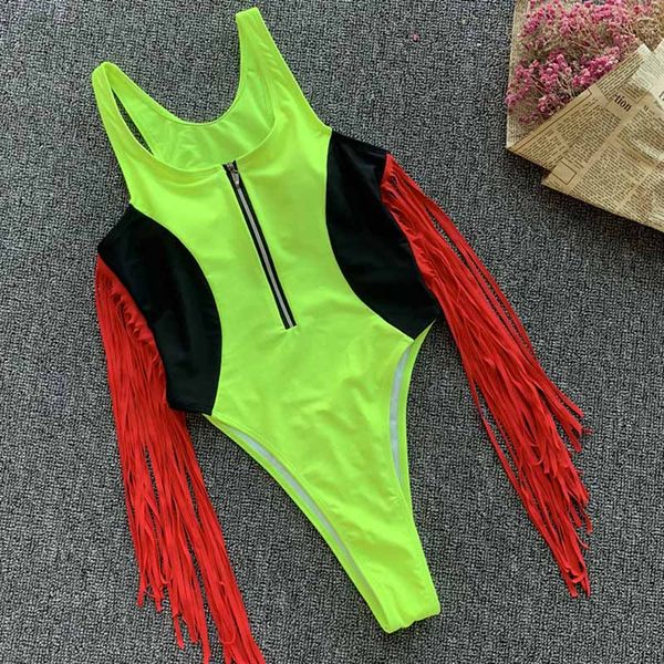 

2021 new zipper brazilian one piece swimsuit push up hollow out swimwear women string monokini tassel bathing suitby air