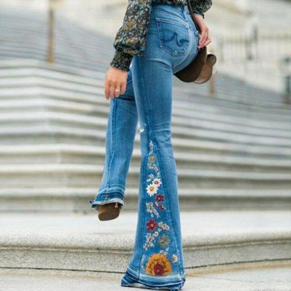 

wide leg pants trousers women jeans retro high waist flare bell bottom denim ladies skinny, Blue