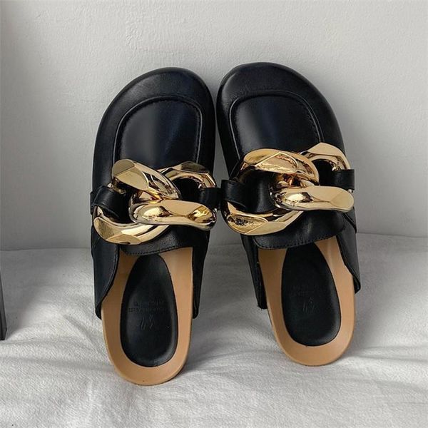 

slippers design gold chain women slipper fashion closed toe slip on mules shoes round low heels casual platform slides flip flop, Black