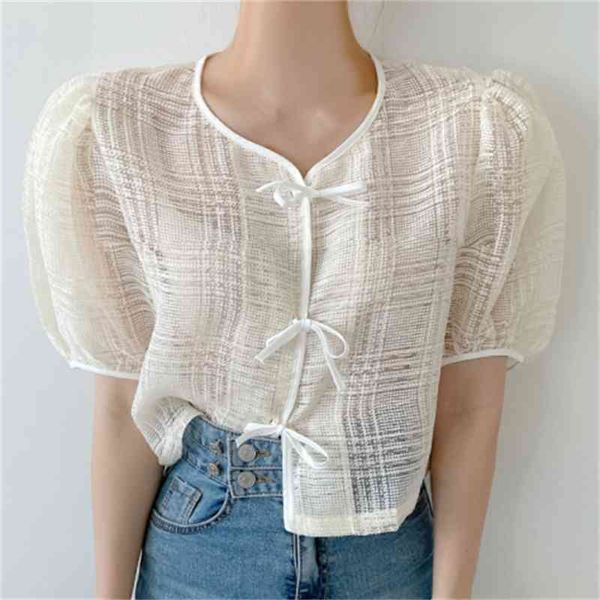 

women's blouses & shirts summer o-neck bow high waist gentle streetwear sweet slim chic femme loose versatile casual lady, White