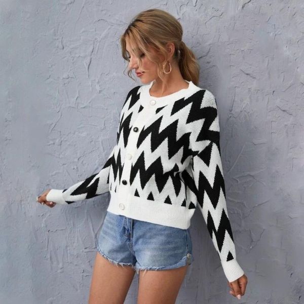 

women's knits & tees autumn 2021 sweater coat cardigan patchwork color wave stripes long sleeve single breasted loose o-neck knit women, White