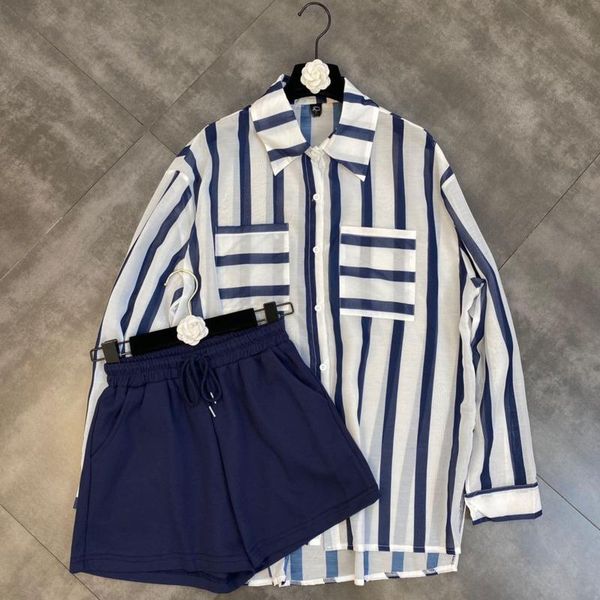 

women's tracksuits fabpop 2021 long sleeve turn down collar blue striped shirt drawstring elastic waist wide leg shorts two piece set o, Gray