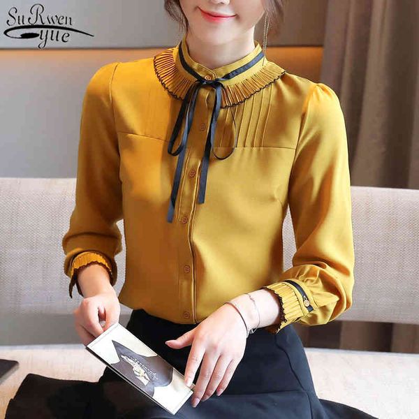 

autumn stand collar loose cardigan female yellow bow chiffon blouse elegant long sleeve women's shirt 11548 210427, White