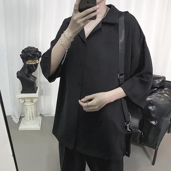 

men casual shirt turn down collar 3/4 sleeve solid color korean camisas fashion loose streetwear clothing s-5xl incerun 7 men's shirts, White;black