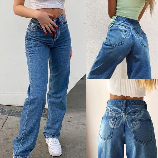 

women's jeans women butterfly print denim pants y2k for female fashion 2021 vintage high waisted trouser harajuku capris streetwear #t1, Blue