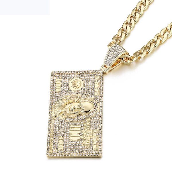 Collane con ciondolo Dollari Testa di Franklin Iced Out Collana in cristallo brillante con ciondolo Collana di Cuba da uomo Gioielli hip hop