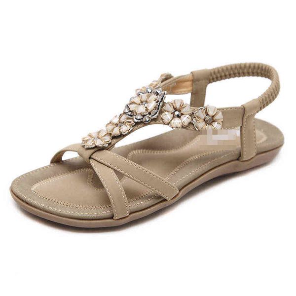 

summer sweet sandals women's bohemian flower rhinestone large flat shoes beach shoes, Black
