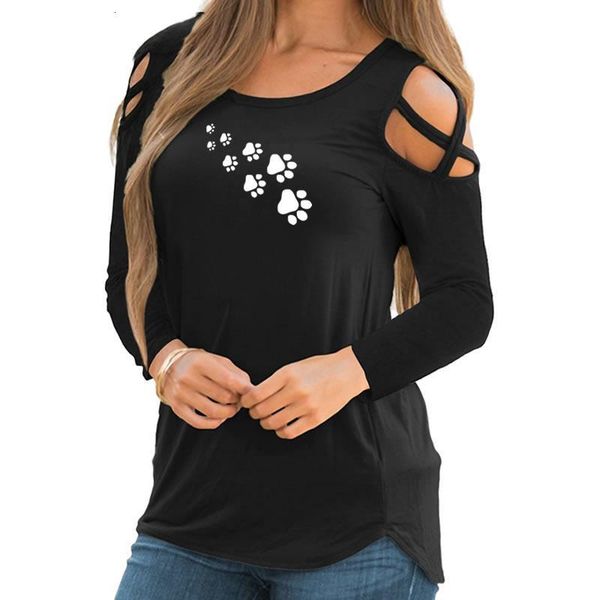 

women's fashion dog paw print t-shirt loog sleeve harajuku female off shoulder funny t-shirts for women, White