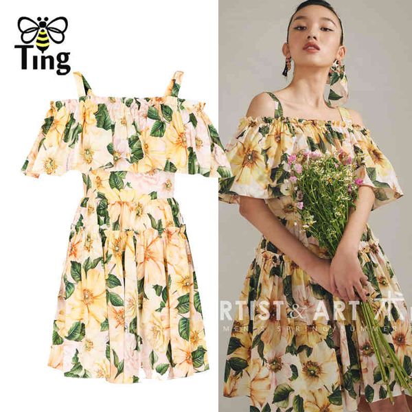 

fashion runway summer dress women spaghetti strap ruffle lily flower print vintage holiday short vestidos chic 210513, Black;gray