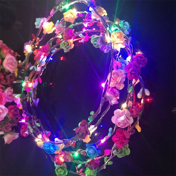 8 kleuren Knipperende LED Strings Gloed Bloem Kroon Hoofdbanden Licht Feest Rave Bloemen Haar Garland Lichtgevende Krans Bruiloft Bloemen Meisje Kinderen Speelgoed T1104A