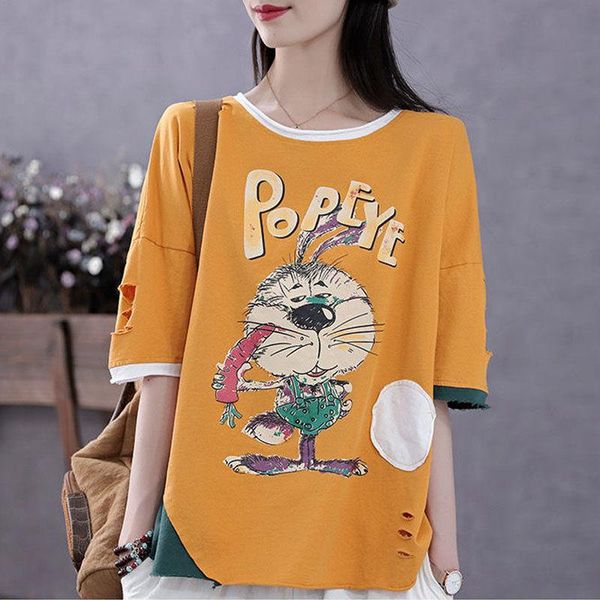 

women's t-shirt pure cotton short-sleeved women 2021 summer round neck loose large size ripped tide stitching compassionate, White