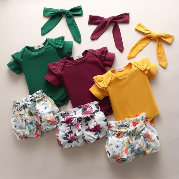 

ruffles romper +floral bow shorts headband 3pcs fashion girls clothing baby girl clothes set summer born infant outfit sets, White