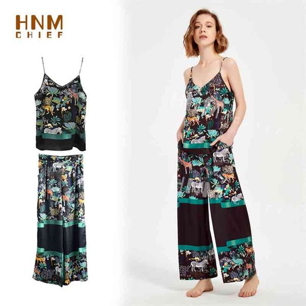 

hnmchief silk pajamas for women worsted sleepcoat animal print pyjamas set v-neck sleeveless vest+pankt suit natural lingerie 210325, Black;red