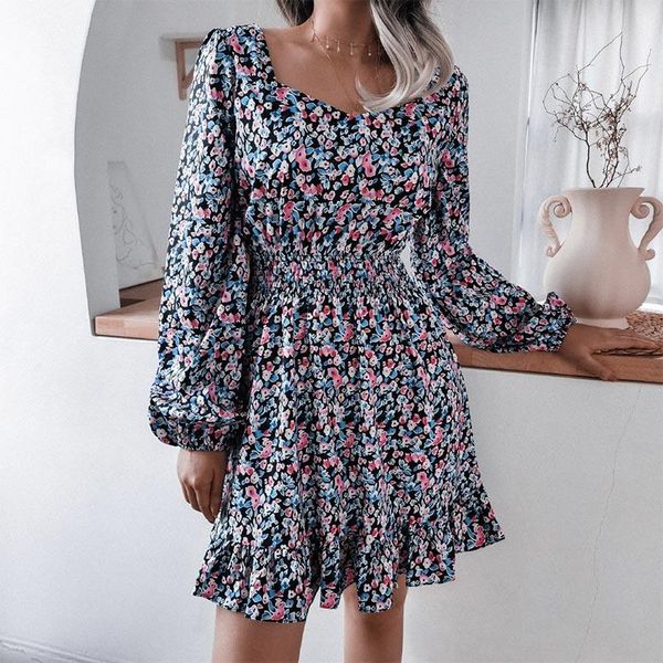

casual dresses women's dress spring floral print chiffon square collar lantern sleeve ruffle female 2021 short pleated ladies clothes, Black;gray