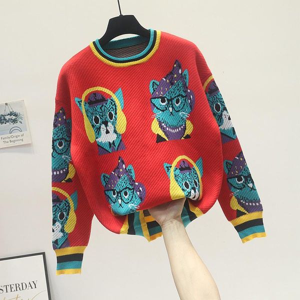 

women's sweaters 2021 autumn women sweater long-sleeved o-neck loose pollover fashion elegant cartoon print jacquard jumper, White;black