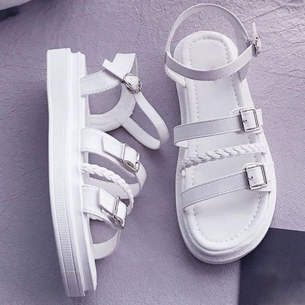 

sandals 2021 fashion platform pu leather open toe weave belt buckle decoration rome casual flats summer gladiator shoes, Black