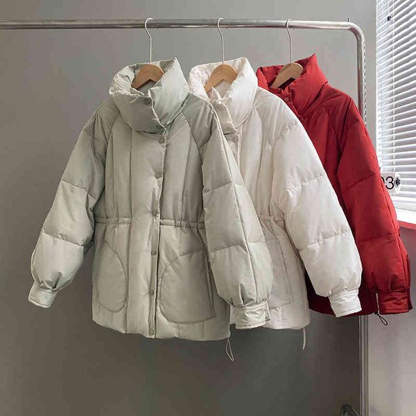 

women's wool & blends korean oversize stand collar down cotton jacket women winter single-breasted warm bread coat puffer parka c6, Black