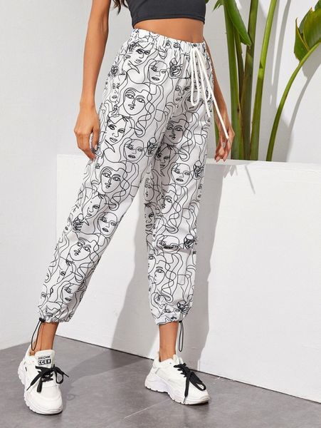 

drawstring hem figure graphic pants l5jb#, Black;white