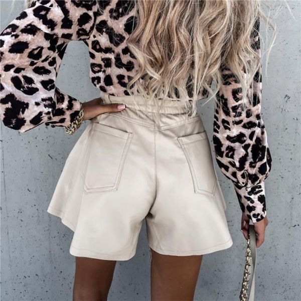 

women's shorts fufucaillm fashion pu leather women wide leg flared short-pants high waist soild color party clubwear 2021, White;black