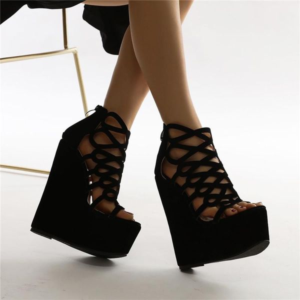 

dress shoes pxelena 2021 summer jk hollow out rome gladiator sandals women wedge high heels platform punk rock gothic plus size 35-42, Black