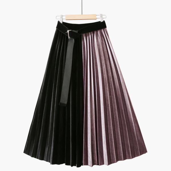 

casual dresses autumn winter thick velvet patchwork a-line pleated skirts with belt contrast color drape metallic pleuche calf lon, Black;gray
