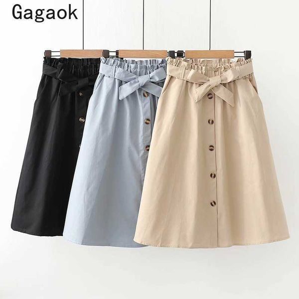 

women sweet skirt spring autumn solid empire a-line bow knee-length students korean chic fashion wild skirts 210531, Black